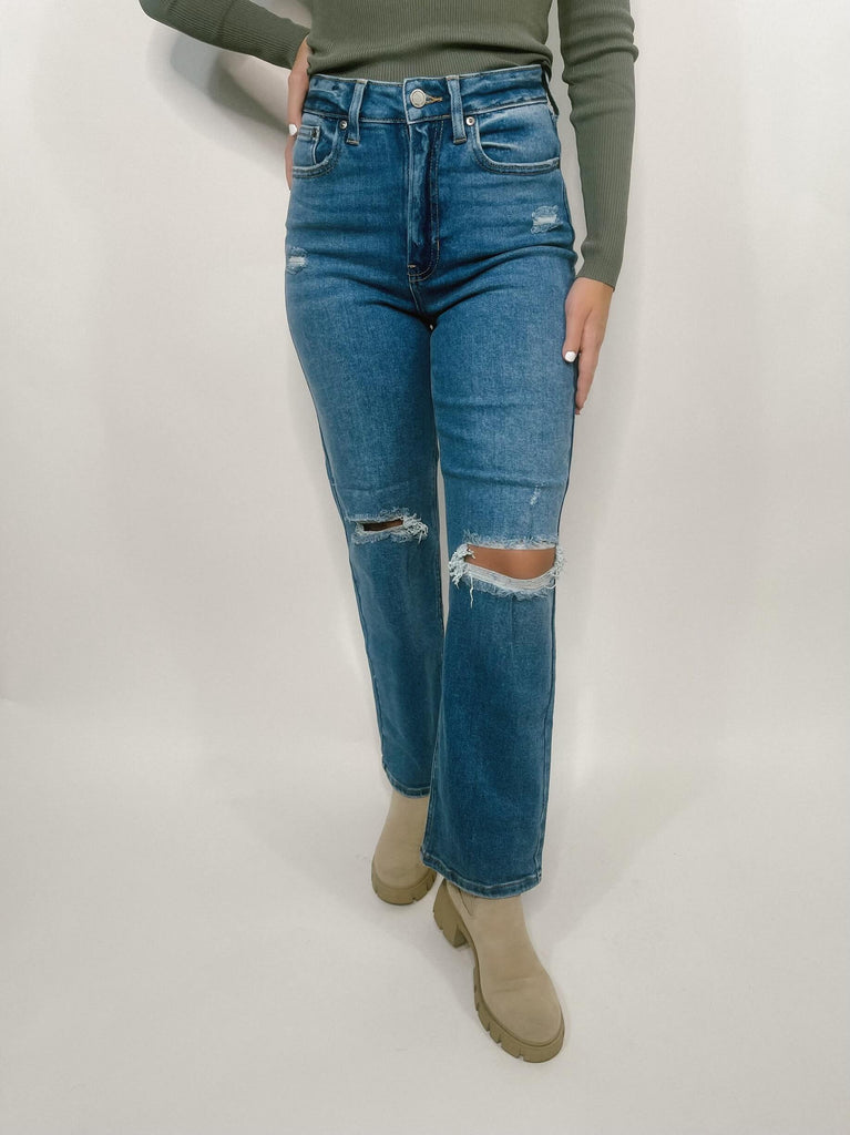 high waisted distressed straight leg jeans